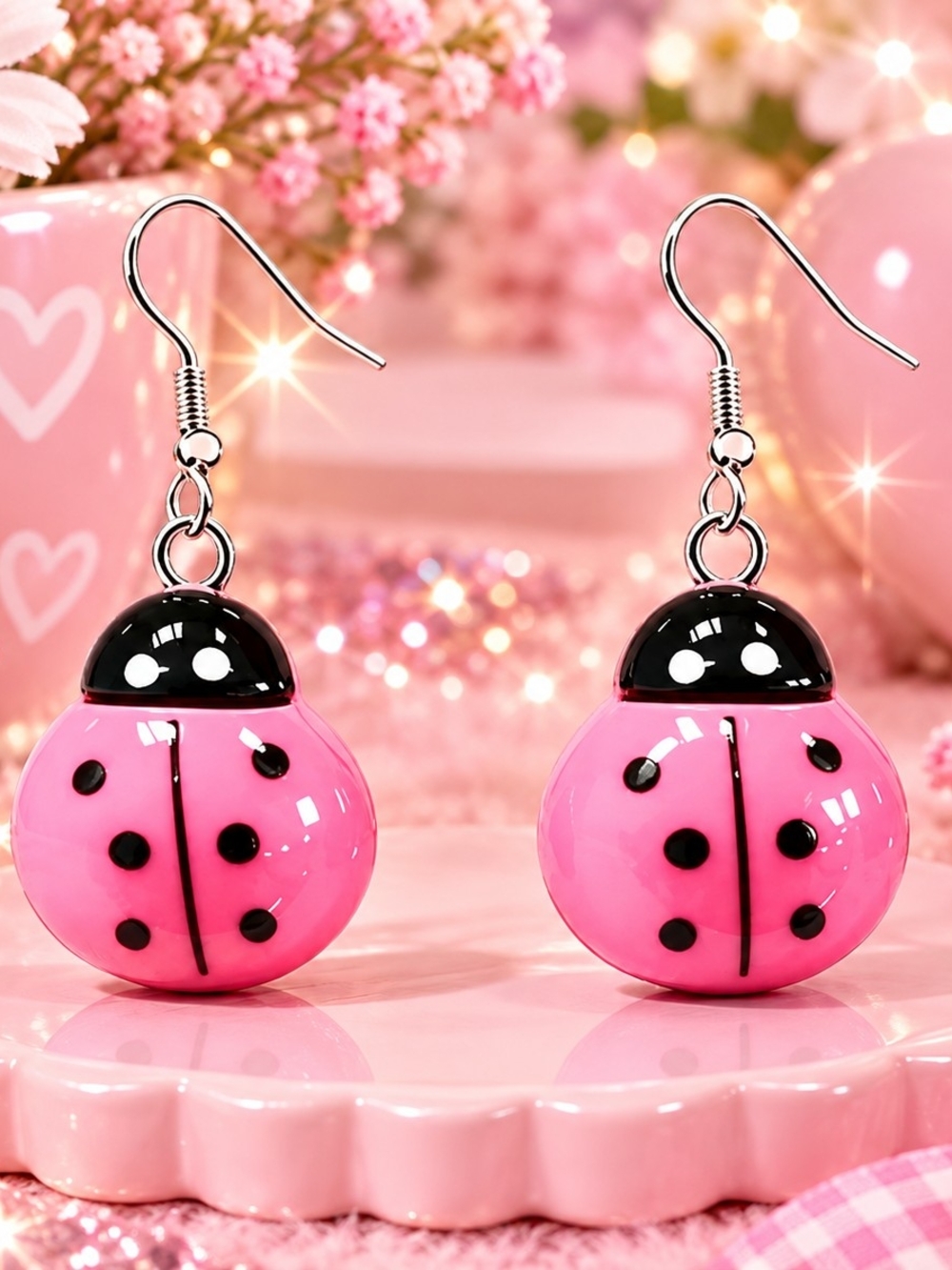 Pink Ladybug Dangle Earrings